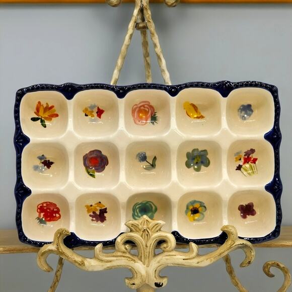 Pioneer Woman Egg Tray Celia Floral Stoneware Blue Hobnail 15-Egg Holder 6x10 - Picture 1 of 8